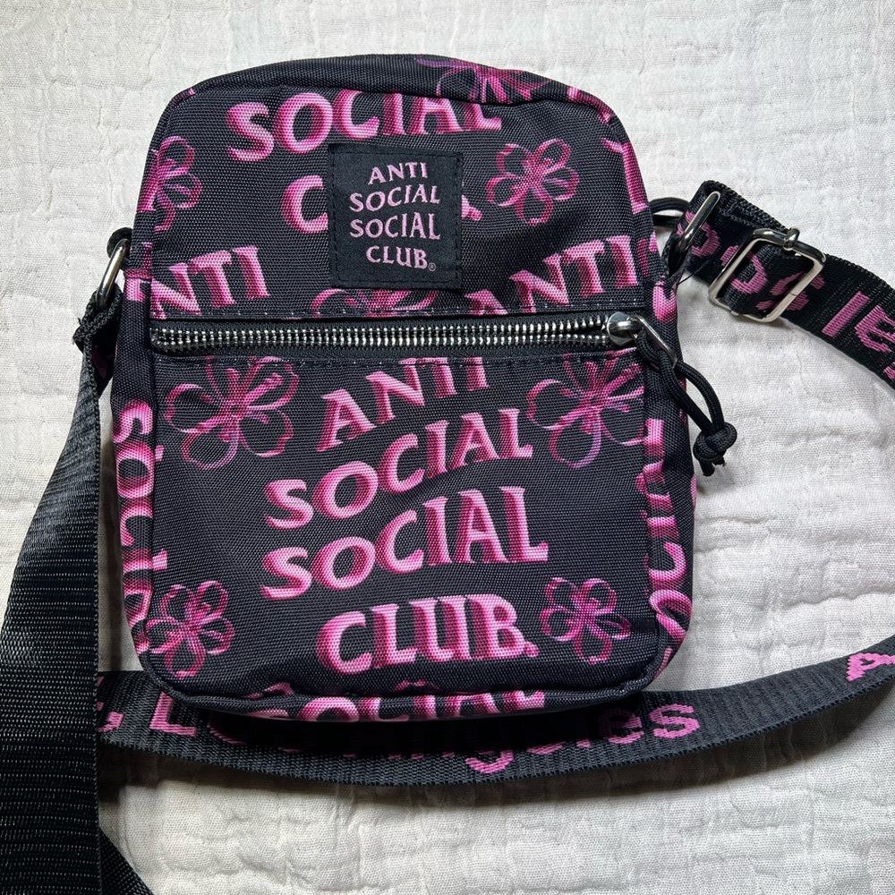 Anti Social Social Club Black Crossbody with Pink Logo Pattern
